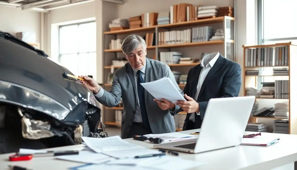 A professional appraiser analyzing a damaged vehicle in a bright, open office environment. In the foreground, a middle-aged appraiser in business attire is examining the vehicle's exterior closely, with a clipboard and measuring tools in hand. The middle ground features an office desk cluttered with paperwork and a laptop, alongside tools like a paint thickness gauge and repair manuals. The background showcases a large window with natural light pouring in, illuminating the scene, while shelves filled with industry books and reference materials create an atmosphere of expertise. The overall mood is serious and analytical, reflecting the importance of a detailed evaluation, with soft shadows and balanced lighting for a professional yet approachable vibe. A professional appraiser analyzing a damaged vehicle in a bright, open office environment. In the foreground, a middle-aged appraiser in business attire is examining the vehicle's exterior closely, with a clipboard and measuring tools in hand. The middle ground features an office desk cluttered with paperwork and a laptop, alongside tools like a paint thickness gauge and repair manuals. The background showcases a large window with natural light pouring in, illuminating the scene, while shelves filled with industry books and reference materials create an atmosphere of expertise. The overall mood is serious and analytical, reflecting the importance of a detailed evaluation, with soft shadows and balanced lighting for a professional yet approachable vibe.