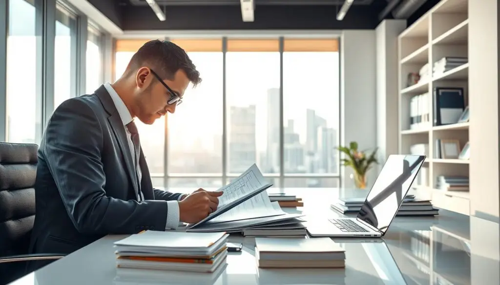 A professional financial expert analyzing insurance valuation in a bright, airy office. In the foreground, a focused individual wearing business attire is seated at a sleek desk, examining detailed reports with a calculator and a laptop open, surrounded by stacks of documents. The middle ground features a large window allowing natural light to illuminate the space, showcasing a view of a modern city skyline, symbolizing progress and independence. In the background, there are shelves filled with books and certificates, emphasizing expertise and credibility. The atmosphere is serious yet optimistic, reflecting the importance of independent valuation in decision-making. The lighting is bright and natural, enhancing clarity and professionalism, captured from a slightly elevated angle to convey authority. A professional financial expert analyzing insurance valuation in a bright, airy office. In the foreground, a focused individual wearing business attire is seated at a sleek desk, examining detailed reports with a calculator and a laptop open, surrounded by stacks of documents. The middle ground features a large window allowing natural light to illuminate the space, showcasing a view of a modern city skyline, symbolizing progress and independence. In the background, there are shelves filled with books and certificates, emphasizing expertise and credibility. The atmosphere is serious yet optimistic, reflecting the importance of independent valuation in decision-making. The lighting is bright and natural, enhancing clarity and professionalism, captured from a slightly elevated angle to convey authority.