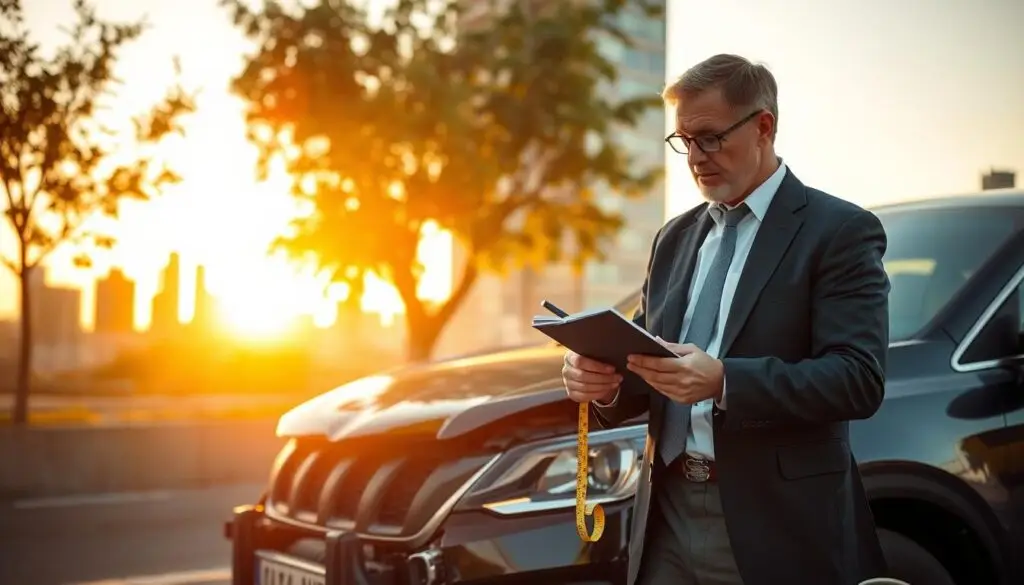 A professional insurance adjuster examining a damaged vehicle after an accident, showcasing their own inspection tools, such as a notebook, camera, and measuring tape. The scene is set in a well-lit urban environment during the golden hour, casting warm sunlight across the scene. In the foreground, show the adjuster in a smart business suit, focused and taking notes. The middle ground features the damaged vehicle, highlighting notable damages and details that would be relevant for an insurance claim. In the background, a city skyline subtly blends into a tranquil atmosphere, suggesting a sense of urban professionalism. Capture the mood of diligence and careful assessment, ensuring the image is clear, detailed, and free of distractions like text or watermarks. A professional insurance adjuster examining a damaged vehicle after an accident, showcasing their own inspection tools, such as a notebook, camera, and measuring tape. The scene is set in a well-lit urban environment during the golden hour, casting warm sunlight across the scene. In the foreground, show the adjuster in a smart business suit, focused and taking notes. The middle ground features the damaged vehicle, highlighting notable damages and details that would be relevant for an insurance claim. In the background, a city skyline subtly blends into a tranquil atmosphere, suggesting a sense of urban professionalism. Capture the mood of diligence and careful assessment, ensuring the image is clear, detailed, and free of distractions like text or watermarks.
