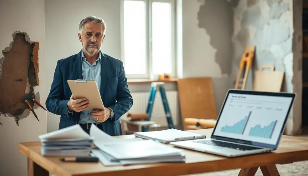 A professional insurance adjuster inspecting property damages in a well-lit indoor environment. In the foreground, a focused middle-aged man dressed in a smart blue suit, holding a clipboard and a measuring tape, examining a wall with water damage. In the middle ground, a table cluttered with documents and a laptop showing graphs of repair costs. In the background, there are construction tools and a partially repaired wall, suggesting ongoing work. Soft, natural lighting from a window enhances the detailed textures of the walls and the adjuster’s attentive expression, creating a mood of diligence and professionalism in the insurance claims process. A professional insurance adjuster inspecting property damages in a well-lit indoor environment. In the foreground, a focused middle-aged man dressed in a smart blue suit, holding a clipboard and a measuring tape, examining a wall with water damage. In the middle ground, a table cluttered with documents and a laptop showing graphs of repair costs. In the background, there are construction tools and a partially repaired wall, suggesting ongoing work. Soft, natural lighting from a window enhances the detailed textures of the walls and the adjuster’s attentive expression, creating a mood of diligence and professionalism in the insurance claims process.