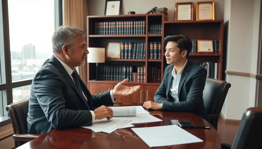 A professional lawyer in a smart business suit, seated at a polished wooden desk in an elegantly furnished office, engaging in a serious discussion with a client across from them. The lawyer, a middle-aged person with a confident expression, gestures towards legal documents laid out on the desk. The client, a young adult in modest casual clothing, appears attentive and concerned. In the background, a well-organized bookshelf filled with legal books and framed certificates showcases the lawyer's qualifications. Soft, warm lighting through a large window creates a comforting atmosphere, while a cityscape can be seen faintly outside, suggesting a bustling environment. The angle captures both subjects from a slight side view, allowing their expressions to be clearly seen while filling the scene with a sense of professionalism and trust. A professional lawyer in a smart business suit, seated at a polished wooden desk in an elegantly furnished office, engaging in a serious discussion with a client across from them. The lawyer, a middle-aged person with a confident expression, gestures towards legal documents laid out on the desk. The client, a young adult in modest casual clothing, appears attentive and concerned. In the background, a well-organized bookshelf filled with legal books and framed certificates showcases the lawyer's qualifications. Soft, warm lighting through a large window creates a comforting atmosphere, while a cityscape can be seen faintly outside, suggesting a bustling environment. The angle captures both subjects from a slight side view, allowing their expressions to be clearly seen while filling the scene with a sense of professionalism and trust.