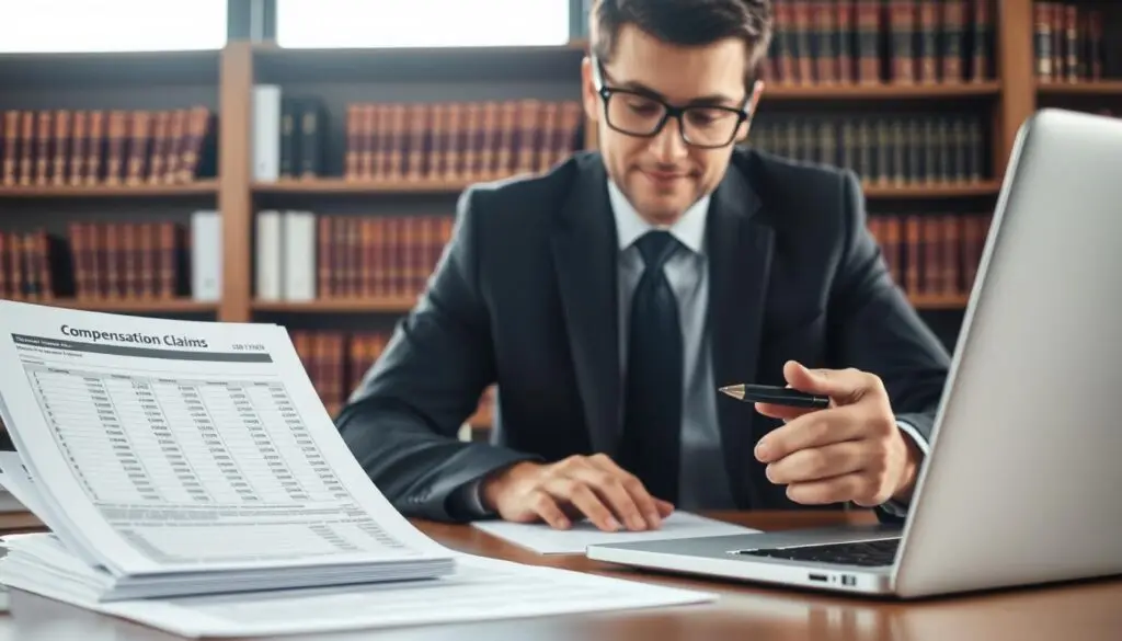 A professional lawyer seated at a desk, reviewing documents related to compensation claims. In the foreground, a close-up of the lawyer's focused expression, wearing a neatly tailored suit and glasses, with a pen in hand. The middle layer includes a stack of legal papers and a laptop open to a financial spreadsheet, symbolizing the analysis of costs. The background features bookshelves filled with law books and a soft-focus window allowing warm, natural lighting to illuminate the scene, creating a calm and professional atmosphere. The overall tone conveys diligence and expertise in the legal field, emphasizing the crucial role of the lawyer in the compensation process. A professional lawyer seated at a desk, reviewing documents related to compensation claims. In the foreground, a close-up of the lawyer's focused expression, wearing a neatly tailored suit and glasses, with a pen in hand. The middle layer includes a stack of legal papers and a laptop open to a financial spreadsheet, symbolizing the analysis of costs. The background features bookshelves filled with law books and a soft-focus window allowing warm, natural lighting to illuminate the scene, creating a calm and professional atmosphere. The overall tone conveys diligence and expertise in the legal field, emphasizing the crucial role of the lawyer in the compensation process.