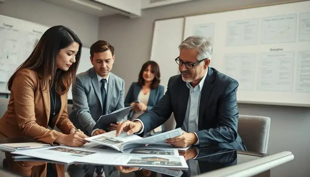 A professional meeting scene in an office setting, featuring a diverse group of businesspeople collaborating on an insurance claim process. In the foreground, a focused middle-aged man in a suit is pointing at documents on a table, surrounded by colleagues examining imagery of damage. One woman, dressed smartly in business attire, is taking notes. The middle ground displays a large window with bright natural light streaming in, illuminating a modern conference room with sleek furniture. The background includes a whiteboard filled with flowcharts related to damage assessment. The atmosphere is one of efficiency and teamwork, showcasing a serious yet positive mood as they reach decisions collaboratively. The image should evoke a sense of professionalism and trust. A professional meeting scene in an office setting, featuring a diverse group of businesspeople collaborating on an insurance claim process. In the foreground, a focused middle-aged man in a suit is pointing at documents on a table, surrounded by colleagues examining imagery of damage. One woman, dressed smartly in business attire, is taking notes. The middle ground displays a large window with bright natural light streaming in, illuminating a modern conference room with sleek furniture. The background includes a whiteboard filled with flowcharts related to damage assessment. The atmosphere is one of efficiency and teamwork, showcasing a serious yet positive mood as they reach decisions collaboratively. The image should evoke a sense of professionalism and trust.