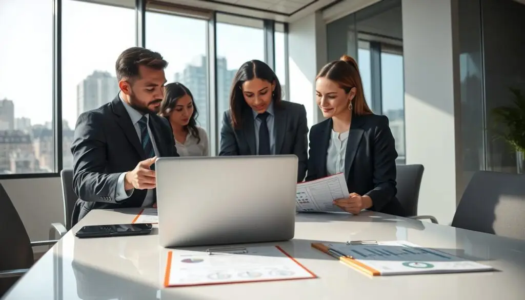 A professional office environment depicting a real estate market valuation scene. In the foreground, a diverse group of professionals, a man in a tailored suit and a woman in smart business attire, are engaged in a detailed discussion, analyzing documents and charts on a sleek conference table. The middle layer features an open laptop displaying market analysis data and a clipboard with a property damage report. In the background, large windows let in natural light, providing a view of urban architecture, with soft shadows enhancing the atmosphere of professionalism and focus. The image is brightly lit, capturing a sense of collaboration and diligence in valuing property assets accurately. A professional office environment depicting a real estate market valuation scene. In the foreground, a diverse group of professionals, a man in a tailored suit and a woman in smart business attire, are engaged in a detailed discussion, analyzing documents and charts on a sleek conference table. The middle layer features an open laptop displaying market analysis data and a clipboard with a property damage report. In the background, large windows let in natural light, providing a view of urban architecture, with soft shadows enhancing the atmosphere of professionalism and focus. The image is brightly lit, capturing a sense of collaboration and diligence in valuing property assets accurately.