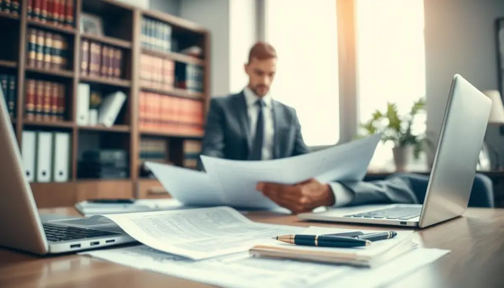 A professional office scene showcasing a civil law expert diligently reviewing damage documentation after an accident. In the foreground, a neatly arranged desk displays accident report papers, a laptop, and a pen, symbolizing meticulous attention to detail. In the middle, a focused professional in business attire examines the documents, highlighting the importance of thorough documentation for successful claims. The background features a blurred bookshelf filled with legal books, indicating a scholarly atmosphere. Soft, natural lighting filters through a nearby window, enhancing the serious yet hopeful mood, as the viewer feels the weight of responsibility in ensuring justice. The angle is slightly elevated, providing a comprehensive view of the workspace and the professional's contemplative expression. A professional office scene showcasing a civil law expert diligently reviewing damage documentation after an accident. In the foreground, a neatly arranged desk displays accident report papers, a laptop, and a pen, symbolizing meticulous attention to detail. In the middle, a focused professional in business attire examines the documents, highlighting the importance of thorough documentation for successful claims. The background features a blurred bookshelf filled with legal books, indicating a scholarly atmosphere. Soft, natural lighting filters through a nearby window, enhancing the serious yet hopeful mood, as the viewer feels the weight of responsibility in ensuring justice. The angle is slightly elevated, providing a comprehensive view of the workspace and the professional's contemplative expression.