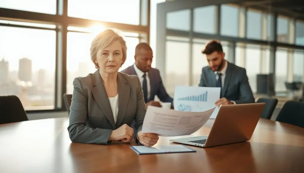A professional office setting featuring a diverse group of business people engaged in discussion around a large conference table. The foreground captures a middle-aged woman in a smart blazer, looking thoughtful as she reviews documents that symbolize compensation claims. In the middle ground, two men, one African American and one Caucasian, are analyzing charts and graphs on a laptop, representing the assessment of damages. In the background, a blurred window displays a cityscape bathed in natural sunlight, creating an optimistic atmosphere. Soft, warm lighting enhances the professional mood, while depth of field focuses on the subjects, emphasizing collaboration and problem-solving in the context of claims for unintentional damages. A professional office setting featuring a diverse group of business people engaged in discussion around a large conference table. The foreground captures a middle-aged woman in a smart blazer, looking thoughtful as she reviews documents that symbolize compensation claims. In the middle ground, two men, one African American and one Caucasian, are analyzing charts and graphs on a laptop, representing the assessment of damages. In the background, a blurred window displays a cityscape bathed in natural sunlight, creating an optimistic atmosphere. Soft, warm lighting enhances the professional mood, while depth of field focuses on the subjects, emphasizing collaboration and problem-solving in the context of claims for unintentional damages.