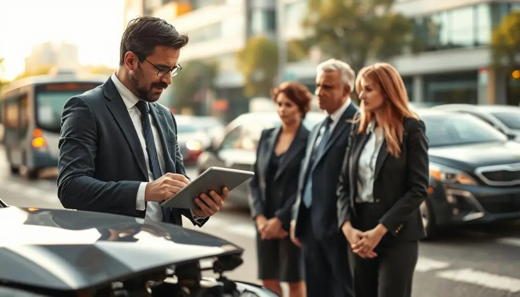 A professional setting depicting an independent expert evaluation after an accident. In the foreground, a well-dressed consultant examines a car accident scene, using a tablet to take notes, while a damaged vehicle is visible beside them. In the middle ground, a team of two advisors, one male and one female, discuss the situation, dressed in business attire, highlighting their focused expressions. The background features an urban street with blurred city traffic, creating a sense of motion, and soft afternoon sunlight casts natural light on the scene. The atmosphere conveys a serious, analytical mood, emphasizing the importance of thorough evaluation and independent expertise in post-accident situations. The perspective is slightly angled to provide depth, and the lighting is soft, enhancing clarity and detail in the scene. A professional setting depicting an independent expert evaluation after an accident. In the foreground, a well-dressed consultant examines a car accident scene, using a tablet to take notes, while a damaged vehicle is visible beside them. In the middle ground, a team of two advisors, one male and one female, discuss the situation, dressed in business attire, highlighting their focused expressions. The background features an urban street with blurred city traffic, creating a sense of motion, and soft afternoon sunlight casts natural light on the scene. The atmosphere conveys a serious, analytical mood, emphasizing the importance of thorough evaluation and independent expertise in post-accident situations. The perspective is slightly angled to provide depth, and the lighting is soft, enhancing clarity and detail in the scene.