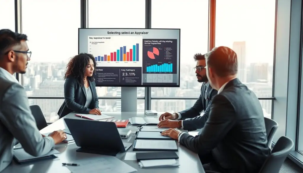 A professional setting depicting the process of selecting an appraiser. In the foreground, a diverse group of three individuals, dressed in smart business attire, are engaged in serious discussion around a conference table scattered with documents and a laptop. In the middle ground, a large wall-mounted screen displays charts and key metrics related to appraisals. The background features a well-lit modern office environment with large windows showing a cityscape, allowing natural light to pour in, creating a bright and focused atmosphere. The mood is collaborative and professional, suggesting the importance of careful decision-making. The image should convey a sense of diligence and professionalism, with sharp focus capturing the intensity of the selection process. A professional setting depicting the process of selecting an appraiser. In the foreground, a diverse group of three individuals, dressed in smart business attire, are engaged in serious discussion around a conference table scattered with documents and a laptop. In the middle ground, a large wall-mounted screen displays charts and key metrics related to appraisals. The background features a well-lit modern office environment with large windows showing a cityscape, allowing natural light to pour in, creating a bright and focused atmosphere. The mood is collaborative and professional, suggesting the importance of careful decision-making. The image should convey a sense of diligence and professionalism, with sharp focus capturing the intensity of the selection process.