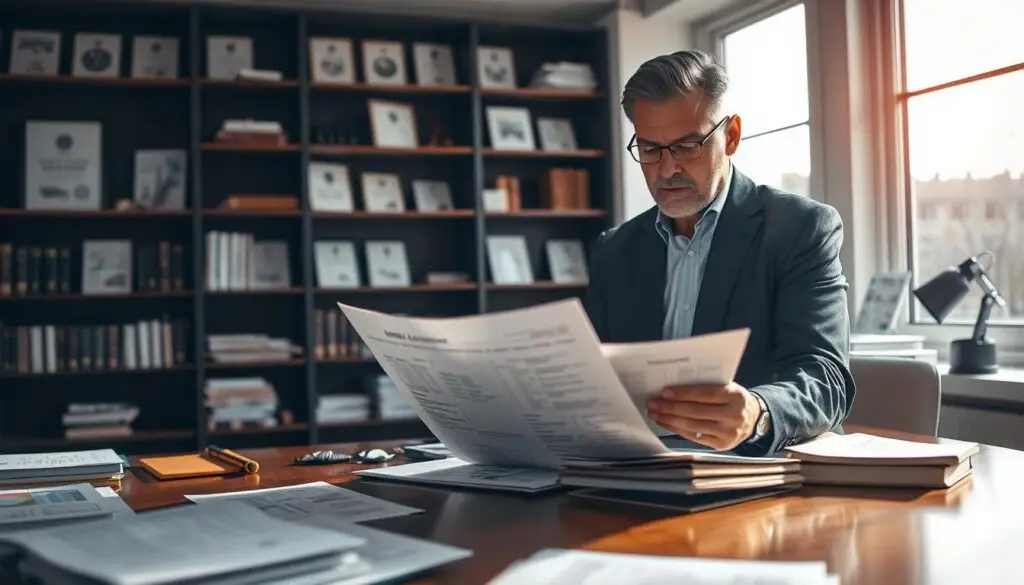 A professional setting featuring a technical expert reviewing a detailed damage assessment report in an office. In the foreground, a focused middle-aged man in a smart blazer examines the documents on a polished wooden desk, surrounded by legal books and technical tools. In the middle, a large window allows natural light to flood the space, casting soft shadows and illuminating the walls adorned with framed certificates and charts. In the background, shelves lined with technical manuals and industry-related designs create a scholarly atmosphere. The mood is serious yet constructive, emphasizing a sense of authority and professionalism, with a color palette of warm tones and deep blues for a calm, trustworthy feel. A professional setting featuring a technical expert reviewing a detailed damage assessment report in an office. In the foreground, a focused middle-aged man in a smart blazer examines the documents on a polished wooden desk, surrounded by legal books and technical tools. In the middle, a large window allows natural light to flood the space, casting soft shadows and illuminating the walls adorned with framed certificates and charts. In the background, shelves lined with technical manuals and industry-related designs create a scholarly atmosphere. The mood is serious yet constructive, emphasizing a sense of authority and professionalism, with a color palette of warm tones and deep blues for a calm, trustworthy feel.