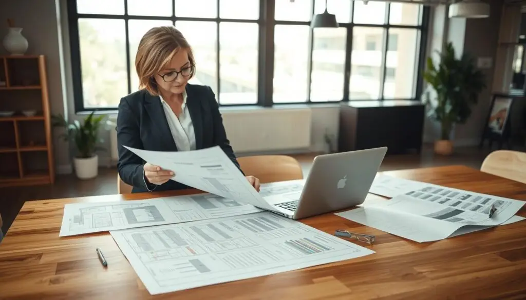 A professional setting showcasing a consumer rights advocate reviewing a detailed cost estimate document. In the foreground, the advocate, a middle-aged woman in a smart business attire, is attentively examining the paperwork with a pen in hand, focused and determined. In the middle ground, a large wooden table is scattered with architectural plans and a laptop displaying relevant data. The background shows a modern office environment with floor-to-ceiling windows, allowing natural light to illuminate the scene, creating a warm and inviting atmosphere. The overall mood reflects diligence and empowerment, emphasizing the importance of consumer rights during the cost verification process. Use a slightly elevated angle to capture the layout efficiently. A professional setting showcasing a consumer rights advocate reviewing a detailed cost estimate document. In the foreground, the advocate, a middle-aged woman in a smart business attire, is attentively examining the paperwork with a pen in hand, focused and determined. In the middle ground, a large wooden table is scattered with architectural plans and a laptop displaying relevant data. The background shows a modern office environment with floor-to-ceiling windows, allowing natural light to illuminate the scene, creating a warm and inviting atmosphere. The overall mood reflects diligence and empowerment, emphasizing the importance of consumer rights during the cost verification process. Use a slightly elevated angle to capture the layout efficiently.