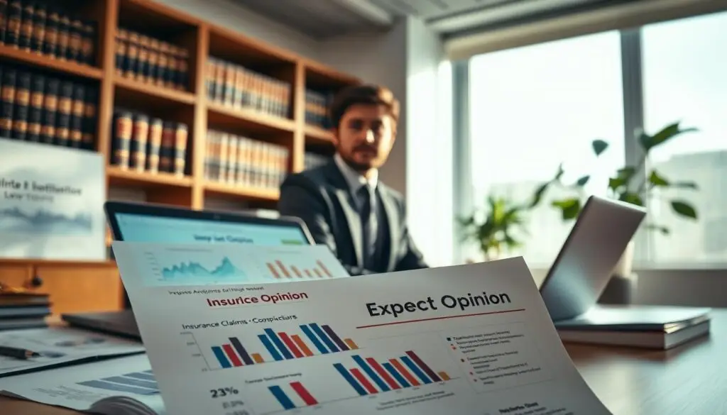A professional, well-dressed financial analyst sits at a modern office desk surrounded by documents and a laptop displaying graphs related to insurance claims. In the foreground, a close-up of a detailed report titled "Expert Opinion" with charts and numerical data can be seen. The middle ground features a large window with natural light pouring in, illuminating the space. In the background, shelves filled with law books and a potted plant create a serene, professional atmosphere. The scene conveys a sense of contemplation and importance, with soft, warm lighting that enhances the mood of professionalism and trustworthiness. Shot at a shallow depth of field to emphasize the analyst and report, ensuring a focus on the subject matter. A professional, well-dressed financial analyst sits at a modern office desk surrounded by documents and a laptop displaying graphs related to insurance claims. In the foreground, a close-up of a detailed report titled "Expert Opinion" with charts and numerical data can be seen. The middle ground features a large window with natural light pouring in, illuminating the space. In the background, shelves filled with law books and a potted plant create a serene, professional atmosphere. The scene conveys a sense of contemplation and importance, with soft, warm lighting that enhances the mood of professionalism and trustworthiness. Shot at a shallow depth of field to emphasize the analyst and report, ensuring a focus on the subject matter.