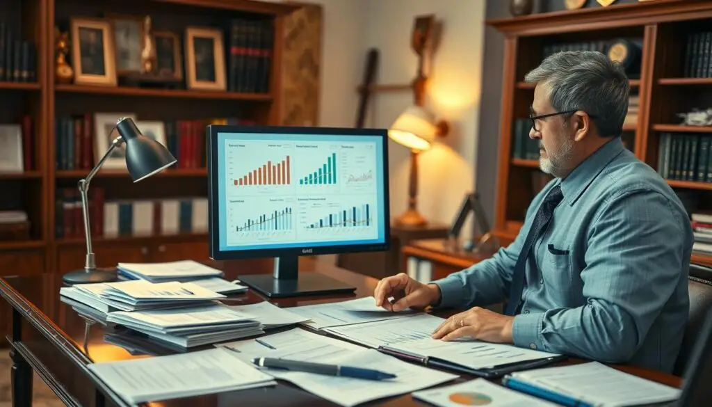 A realistic depiction of an office setting where a financial analyst is reviewing documents on an intricate computer screen displaying a range of graphs and charts related to loss estimation. In the foreground, the analyst, dressed in professional business attire, is analyzing data with a focused expression. The middle ground features various reports and files scattered on an elegant wooden desk, conveying a sense of thoroughness and diligence. The background shows shelves filled with books and awards, enhancing a professional and authoritative atmosphere. Soft, warm lighting from a desk lamp casts a gentle glow, creating a calm and analytical mood. Use a shallow depth of field to emphasize the analyst while slightly blurring the background, adding depth to the scene. The angle should be slightly above eye level, enhancing the viewer's perspective on the work being done. A realistic depiction of an office setting where a financial analyst is reviewing documents on an intricate computer screen displaying a range of graphs and charts related to loss estimation. In the foreground, the analyst, dressed in professional business attire, is analyzing data with a focused expression. The middle ground features various reports and files scattered on an elegant wooden desk, conveying a sense of thoroughness and diligence. The background shows shelves filled with books and awards, enhancing a professional and authoritative atmosphere. Soft, warm lighting from a desk lamp casts a gentle glow, creating a calm and analytical mood. Use a shallow depth of field to emphasize the analyst while slightly blurring the background, adding depth to the scene. The angle should be slightly above eye level, enhancing the viewer's perspective on the work being done.