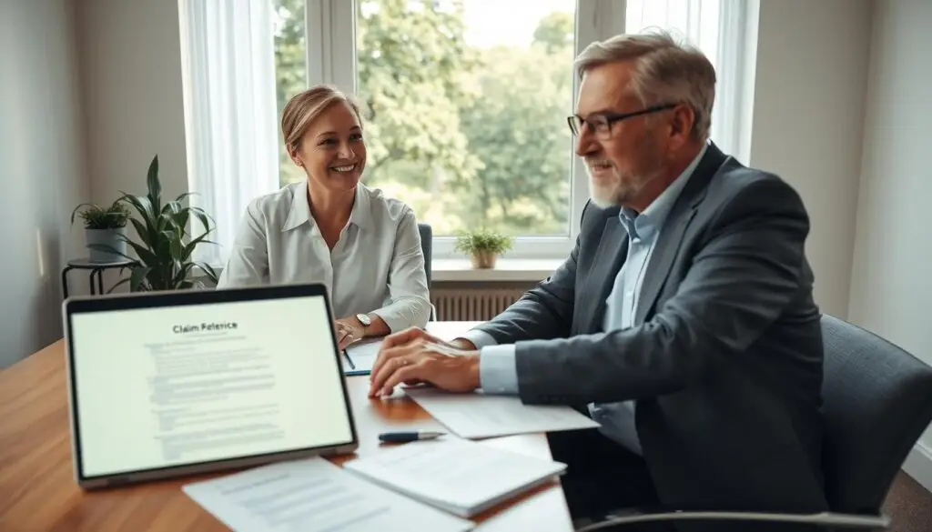 A serene office setting, showcasing a professional consultant sitting at a sleek wooden desk, engaged in a thoughtful conversation with a middle-aged client, both dressed in formal business attire. The foreground features a laptop displaying a claim form and paperwork scattered with notes. In the middle, a window reveals a lush green park outside, adding a sense of tranquility. Soft, natural lighting fills the room, creating a warm and inviting atmosphere. The camera angle captures both faces with warm expressions, portraying empathy and understanding. The overall mood reflects hope and support, emphasizing the theme of guidance and resolution in legal claims. A serene office setting, showcasing a professional consultant sitting at a sleek wooden desk, engaged in a thoughtful conversation with a middle-aged client, both dressed in formal business attire. The foreground features a laptop displaying a claim form and paperwork scattered with notes. In the middle, a window reveals a lush green park outside, adding a sense of tranquility. Soft, natural lighting fills the room, creating a warm and inviting atmosphere. The camera angle captures both faces with warm expressions, portraying empathy and understanding. The overall mood reflects hope and support, emphasizing the theme of guidance and resolution in legal claims.