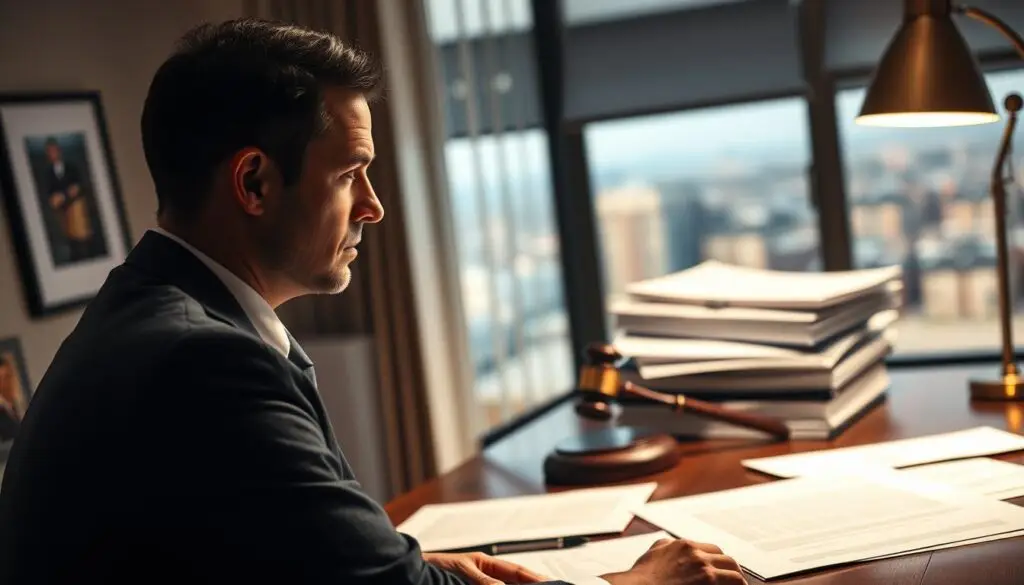 A solemn office setting focused on a professional discussing compensation responsibility. In the foreground, a businessperson in a tailored suit, looking thoughtful, with papers and a legal document spread out on the desk, symbolizing the complexities of liability. In the middle, soft lighting highlights a stack of case files and a gavel, representing legal proceedings and due diligence. The background features a window with a blurred city view, suggesting the outside world, while a warm light filters in, creating a serious yet hopeful atmosphere. The overall mood is one of reflection and determination, emphasizing the importance of understanding one’s legal responsibilities as a victim of an accident. A solemn office setting focused on a professional discussing compensation responsibility. In the foreground, a businessperson in a tailored suit, looking thoughtful, with papers and a legal document spread out on the desk, symbolizing the complexities of liability. In the middle, soft lighting highlights a stack of case files and a gavel, representing legal proceedings and due diligence. The background features a window with a blurred city view, suggesting the outside world, while a warm light filters in, creating a serious yet hopeful atmosphere. The overall mood is one of reflection and determination, emphasizing the importance of understanding one’s legal responsibilities as a victim of an accident.