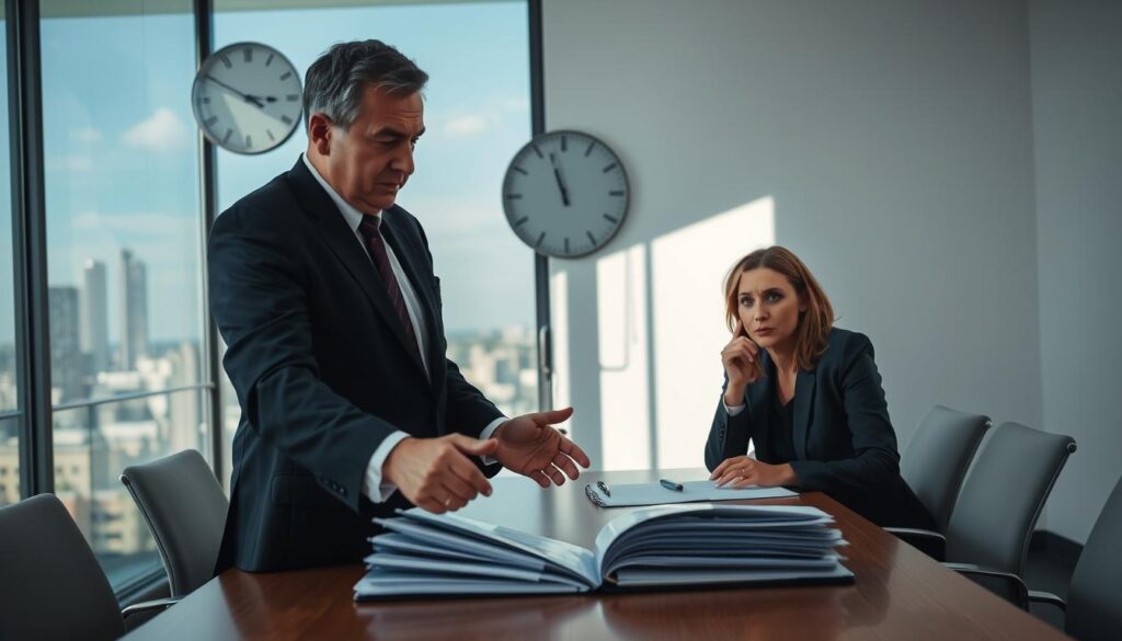 A tense office meeting between a policyholder and an insurance adjuster, set in a well-lit conference room. In the foreground, the policyholder, a middle-aged man in a business suit, appears frustrated, gesturing towards a file of documents spread on the table. The insurance adjuster, a woman in formal attire, sits across from him with an expression of concern, holding a pen and taking notes. In the middle ground, a large window shows an urban skyline, providing natural light that casts soft shadows across the room. The background features a large wall clock showing the time, and a subtle corporate logo is visible on the wall. The atmosphere is tense yet professional, highlighting the conflict over claims assessment. A tense office meeting between a policyholder and an insurance adjuster, set in a well-lit conference room. In the foreground, the policyholder, a middle-aged man in a business suit, appears frustrated, gesturing towards a file of documents spread on the table. The insurance adjuster, a woman in formal attire, sits across from him with an expression of concern, holding a pen and taking notes. In the middle ground, a large window shows an urban skyline, providing natural light that casts soft shadows across the room. The background features a large wall clock showing the time, and a subtle corporate logo is visible on the wall. The atmosphere is tense yet professional, highlighting the conflict over claims assessment.