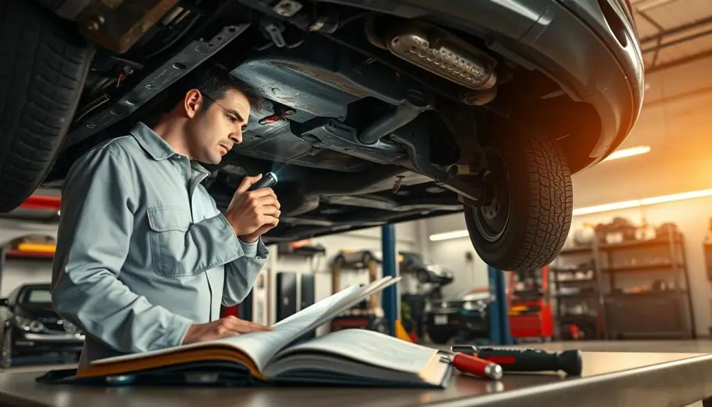 An image of a mechanic inspecting a vehicle in a well-lit garage, focusing on hidden damages. In the foreground, a professional mechanic in a clean uniform examines the underside of a car with a flashlight, revealing a dented frame and corrosion. In the middle ground, a set of automotive tools and an open repair manual are visible, suggesting a thorough inspection process. The background shows a neatly organized garage with various car parts and equipment, bathed in warm, soft lighting that emphasizes the meticulous atmosphere. The overall mood is serious and focused, highlighting the importance of detecting concealed damages in vehicles. An image of a mechanic inspecting a vehicle in a well-lit garage, focusing on hidden damages. In the foreground, a professional mechanic in a clean uniform examines the underside of a car with a flashlight, revealing a dented frame and corrosion. In the middle ground, a set of automotive tools and an open repair manual are visible, suggesting a thorough inspection process. The background shows a neatly organized garage with various car parts and equipment, bathed in warm, soft lighting that emphasizes the meticulous atmosphere. The overall mood is serious and focused, highlighting the importance of detecting concealed damages in vehicles.