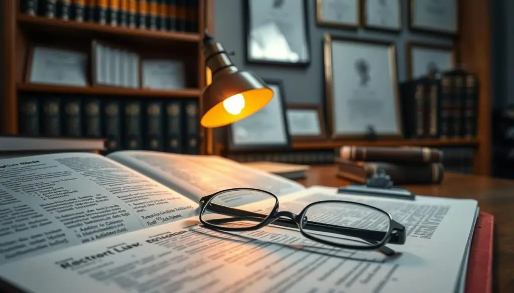 A close-up scene of a well-organized law office desk, featuring law books with titles in German partially open, revealing complex legal text. In the foreground, a pair of reading glasses rests on a clipboard filled with annotated legal documents, hinting at intricate interpretations. The middle ground showcases a polished wooden desk lamp casting a warm glow, illuminating the workspace. In the background, a shelf filled with legal textbooks and framed certificates conveys a professional atmosphere. The lighting is soft and inviting, with shadows adding depth. The overall mood is focused and serious, reflecting the complexities of legal interpretations. The composition suggests a sense of caution and attention to detail. A close-up scene of a well-organized law office desk, featuring law books with titles in German partially open, revealing complex legal text. In the foreground, a pair of reading glasses rests on a clipboard filled with annotated legal documents, hinting at intricate interpretations. The middle ground showcases a polished wooden desk lamp casting a warm glow, illuminating the workspace. In the background, a shelf filled with legal textbooks and framed certificates conveys a professional atmosphere. The lighting is soft and inviting, with shadows adding depth. The overall mood is focused and serious, reflecting the complexities of legal interpretations. The composition suggests a sense of caution and attention to detail.