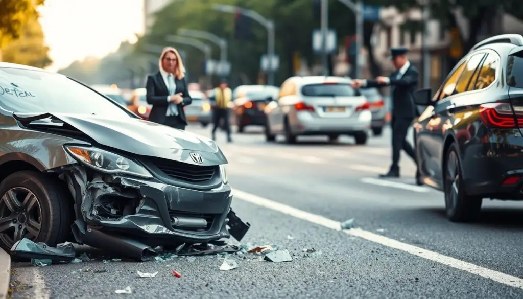A detailed scene depicting a road traffic accident to illustrate elements of damages in vehicular movement. In the foreground, a crumpled sedan with visible front-end damage is positioned at an awkward angle, with shattered glass scattered on the asphalt. Two professional-looking figures in modest business attire stand beside the vehicle, examining the damage. In the middle ground, a police officer is directing traffic, showcasing authority and urgency. The background presents a busy city street with blurred vehicles passing by, demonstrating the chaotic nature of the incident. The lighting is natural, highlighting the time of day as late afternoon. Capture the atmosphere of seriousness and concern surrounding the aftermath of the event, enhancing the focus on accountability and responsibility in traffic incidents.