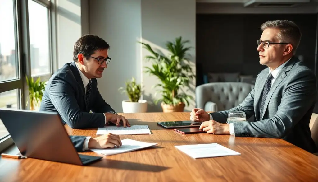 A focused business negotiation scene depicting a lawyer and a German insurance adjuster engaged in discussions. The foreground features a wooden conference table with documents and a laptop, showcasing focused expressions on both parties. The lawyer, dressed in a smart navy suit, emphasizes professionalism, while the adjuster, in a tailored gray suit, exudes confidence. In the middle ground, a large window allows natural light to illuminate the room, casting soft shadows, creating a warm and conducive atmosphere for negotiation. The background reveals a modern office setting, with plants and a city skyline visible outside. The overall mood is serious yet collaborative, capturing the essence of professional dialogue amidst the complexities of insurance negotiations.