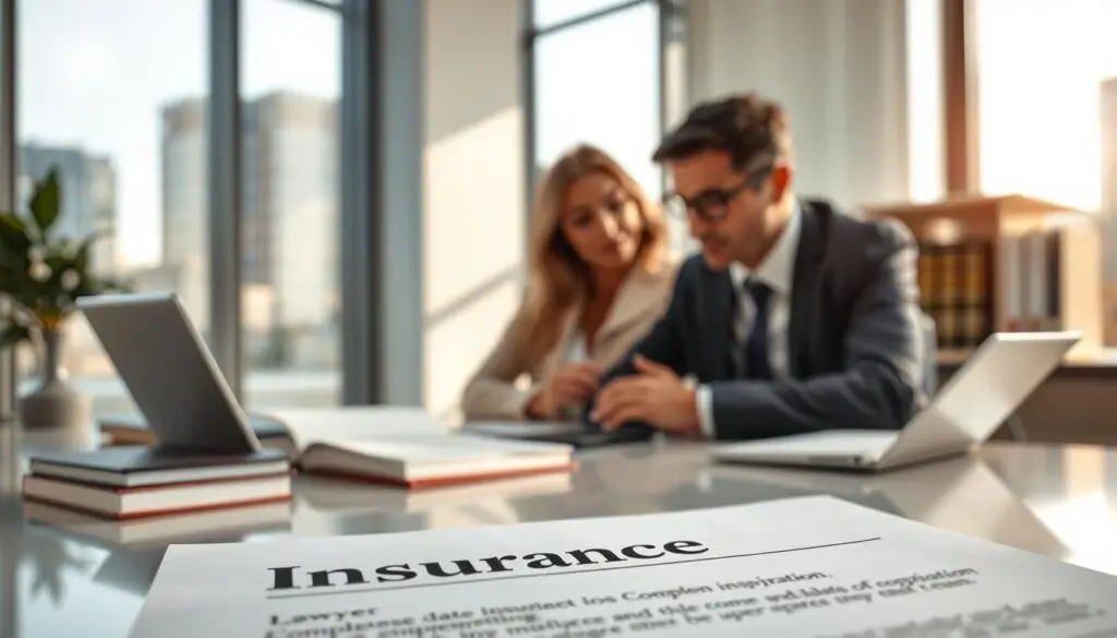 A modern office environment serving as the backdrop, with two professional figures engaged in a serious discussion over an insurance claim document on a sleek desk. In the foreground, a detailed close-up of the insurance document, emphasizing terms like "liability" and "compensation." In the middle ground, a diverse lawyer and client, both in business attire, consulting with a focused expression, surrounded by law books and a laptop. The background features a window showing a cityscape, with soft natural light spilling into the room, creating a professional yet tense atmosphere. The image should evoke a sense of responsibility and legal consequence, with heightened clarity and focus on the interaction.