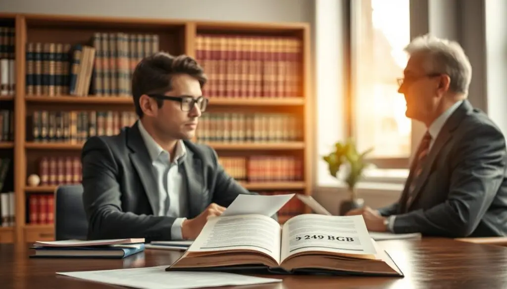 A professional, contemplative office setting, with a focused individual in business attire engaged in discussion with a senior advisor. The foreground features a well-organized desk with legal documents and an open book displaying "§ 249 BGB," subtly positioned to imply its significance. In the middle, a large window allows natural light to frame the scene, casting soft shadows. The background displays a blurred bookshelf filled with law books and legal texts, enhancing the scholarly atmosphere. The mood is serious yet hopeful, evoking a sense of empowerment and the importance of informed decisions. Shot with a 50mm lens for a sharp focus on the subjects while gently blurring the background, in warm, inviting light. A professional, contemplative office setting, with a focused individual in business attire engaged in discussion with a senior advisor. The foreground features a well-organized desk with legal documents and an open book displaying "§ 249 BGB," subtly positioned to imply its significance. In the middle, a large window allows natural light to frame the scene, casting soft shadows. The background displays a blurred bookshelf filled with law books and legal texts, enhancing the scholarly atmosphere. The mood is serious yet hopeful, evoking a sense of empowerment and the importance of informed decisions. Shot with a 50mm lens for a sharp focus on the subjects while gently blurring the background, in warm, inviting light.