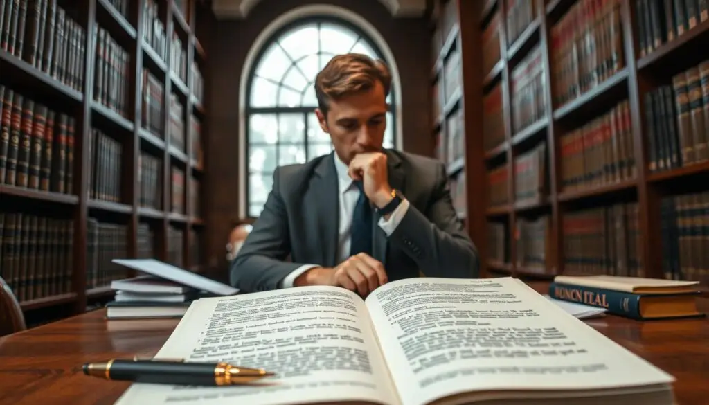 A professional courtroom setting, showcasing a law library filled with legal books related to insurance law and the German Civil Code (BGB). In the foreground, a polished wooden table displays an open legal book with highlighted texts on § 249 BGB, surrounded by legal documents and a sophisticated pen. The middle ground features a thoughtful lawyer in formal business attire, deeply engaged in studying the book, with a contemplative expression. The background consists of tall shelves filled with law books and a large window allowing soft, natural light to illuminate the scene, creating an atmosphere of seriousness and focus. The angle should convey depth, emphasizing the importance of legal knowledge and the significance of the topic at hand. A professional courtroom setting, showcasing a law library filled with legal books related to insurance law and the German Civil Code (BGB). In the foreground, a polished wooden table displays an open legal book with highlighted texts on § 249 BGB, surrounded by legal documents and a sophisticated pen. The middle ground features a thoughtful lawyer in formal business attire, deeply engaged in studying the book, with a contemplative expression. The background consists of tall shelves filled with law books and a large window allowing soft, natural light to illuminate the scene, creating an atmosphere of seriousness and focus. The angle should convey depth, emphasizing the importance of legal knowledge and the significance of the topic at hand.