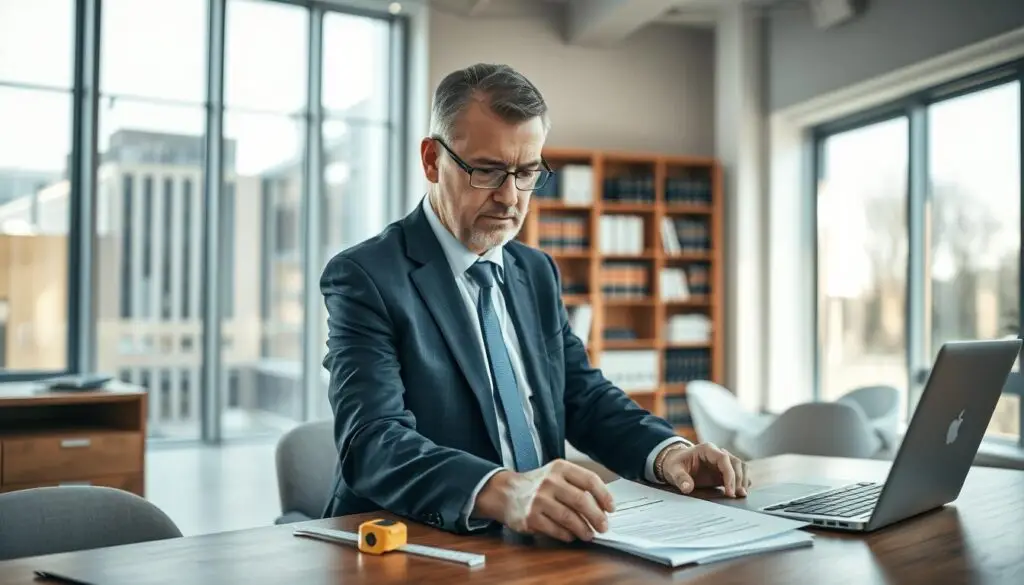 A professional independent assessor evaluating compensation after an accident. In the foreground, a middle-aged man in a sharp business suit is looking attentively over a pile of documents on a modern wooden desk, with a laptop and a measuring tape nearby. In the middle, an office space filled with large windows allowing natural light to stream in, showcasing a sleek, professional ambiance. A bookshelf filled with legal texts and reference materials is subtly visible in the background. The lighting is warm and inviting, casting soft shadows, set at eye-level to draw the viewer in. The mood is focused and serious, embodying the role of the assessor in the claims process, emphasizing professionalism and diligence.