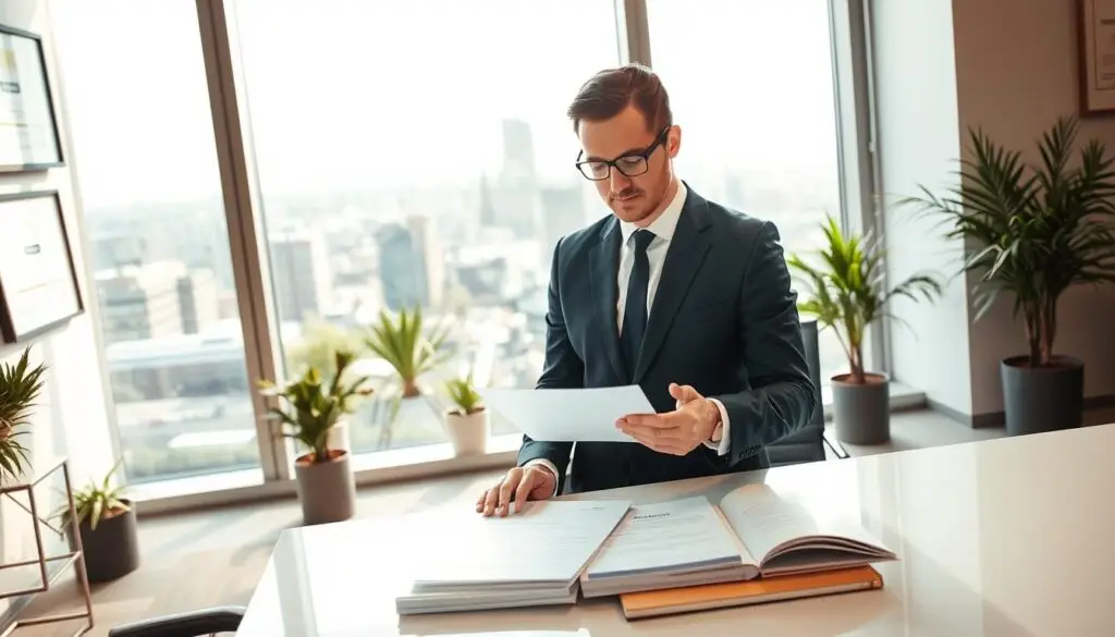 A professional insurance agent in a smart business suit stands confidently in a modern office, engaging in a consultation with a client. The agent, a middle-aged Caucasian male with glasses, is seated at a sleek desk, analyzing the insurance policy documents laid out before him. In the background, a large window reveals a bustling cityscape of Frankfurt, Germany, under bright natural light, creating a warm and inviting atmosphere. The lighting is soft, highlighting the focused expressions of both individuals. The office is elegantly decorated with potted plants and framed certificates on the walls, conveying professionalism and trust. The image captures a moment of clarity and responsibility, emphasizing the critical role of insurance providers in addressing client needs.