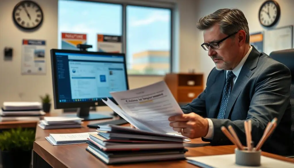 A professional insurance office setting depicting a confident insurance adjuster sitting at a desk, reviewing a claim document. The foreground features the adjuster, a middle-aged individual dressed in a smart business suit, focused on the paperwork. In the middle ground, neatly organized files and a computer with a claims management software interface are visible. The background shows a well-lit office space with a wall clock, insurance posters, and a window displaying a clear sky. Soft artificial lighting enhances a serious yet optimistic mood, indicating diligence and professionalism. The scene conveys a sense of responsibility, trust, and the importance of fulfilling insurance obligations.
