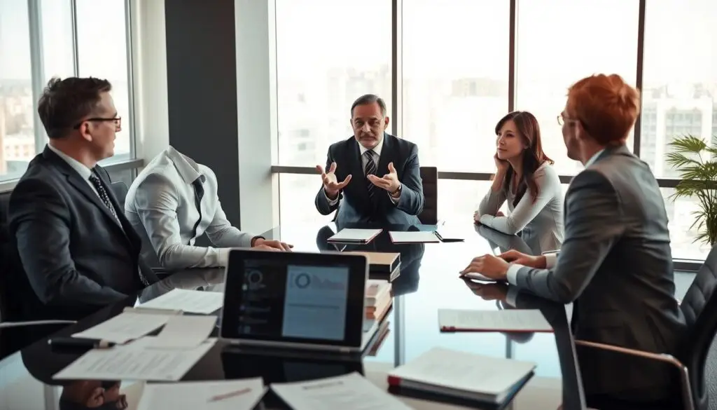 A professional mediator sitting at a sleek conference table, engaged in a discussion with two individuals in business attire, who represent opposing sides of a dispute. The foreground features a variety of legal documents and a laptop displaying data relevant to the negotiation. In the middle ground, the mediator gestures confidently, embodying authority and calm, while the two individuals look attentive, showcasing their emotions of concern and determination. The background reveals a modern office setting with large windows flooding the space with natural light, creating an atmosphere of focus and collaboration. The image is shot from a slightly elevated angle, highlighting the seriousness of the mediation process, while warm lighting enhances a sense of professionalism and trust.