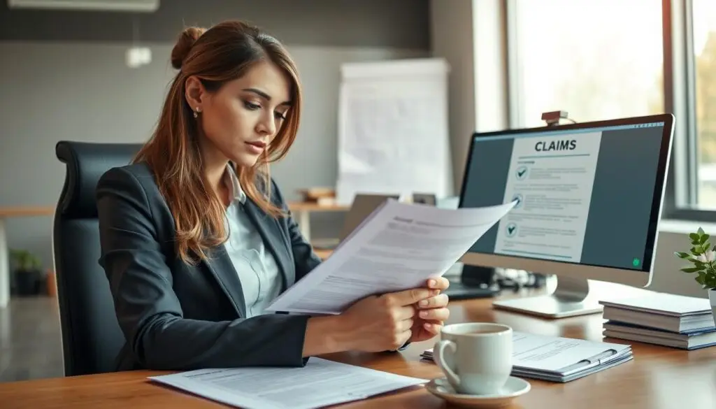 A professional office environment focused on the theme of "compensation for accidents." In the foreground, a businesswoman in professional attire seated at a desk, reviewing documents related to an accident claim, showing concentration and determination. The middle ground features a neatly organized workspace with legal papers, a computer displaying a claims form, and a cup of coffee, reflecting a busy yet organized atmosphere. The background reveals a large window with soft natural light illuminating the scene, suggesting a calm yet serious mood. The camera angle should be slightly above eye level, adding depth to the workspace. Overall, the image should convey a professional atmosphere, emphasizing the importance of understanding the conditions for an effective claim. A professional office environment focused on the theme of "compensation for accidents." In the foreground, a businesswoman in professional attire seated at a desk, reviewing documents related to an accident claim, showing concentration and determination. The middle ground features a neatly organized workspace with legal papers, a computer displaying a claims form, and a cup of coffee, reflecting a busy yet organized atmosphere. The background reveals a large window with soft natural light illuminating the scene, suggesting a calm yet serious mood. The camera angle should be slightly above eye level, adding depth to the workspace. Overall, the image should convey a professional atmosphere, emphasizing the importance of understanding the conditions for an effective claim.