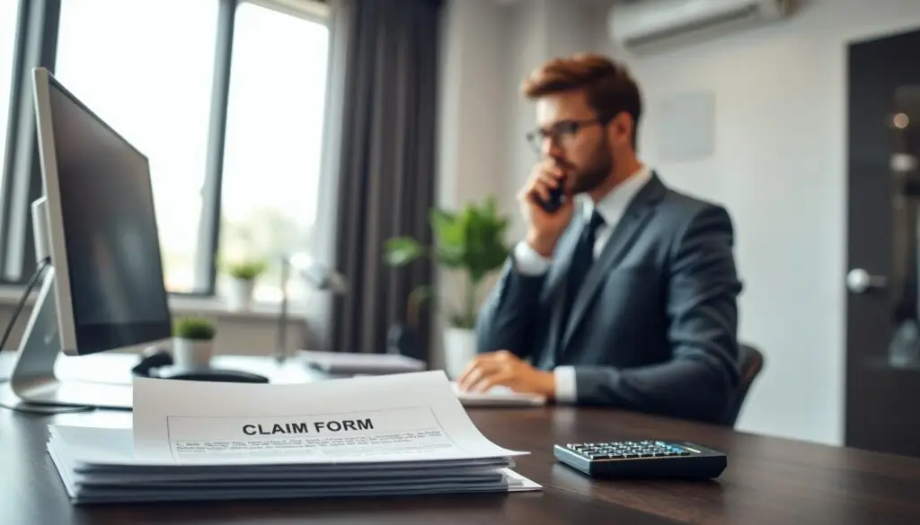A professional office setting depicting the concept of insurance claims. In the foreground, a neatly arranged desk is visible with a computer, a stack of documents labeled "Claim Form," and a calculator. In the middle ground, a business professional wearing smart attire, such as a well-fitted suit, is seen engaged in a phone conversation, looking focused and determined. In the background, a large window lets in soft, natural light that creates a bright and inviting atmosphere, highlighting the importance of the claim process. The overall mood should convey a sense of professionalism, clarity, and support, emphasizing the ease of reporting damages without knowing complex procedures. The image should be well-composed, with a slight depth of field effect for added depth. A professional office setting depicting the concept of insurance claims. In the foreground, a neatly arranged desk is visible with a computer, a stack of documents labeled "Claim Form," and a calculator. In the middle ground, a business professional wearing smart attire, such as a well-fitted suit, is seen engaged in a phone conversation, looking focused and determined. In the background, a large window lets in soft, natural light that creates a bright and inviting atmosphere, highlighting the importance of the claim process. The overall mood should convey a sense of professionalism, clarity, and support, emphasizing the ease of reporting damages without knowing complex procedures. The image should be well-composed, with a slight depth of field effect for added depth.