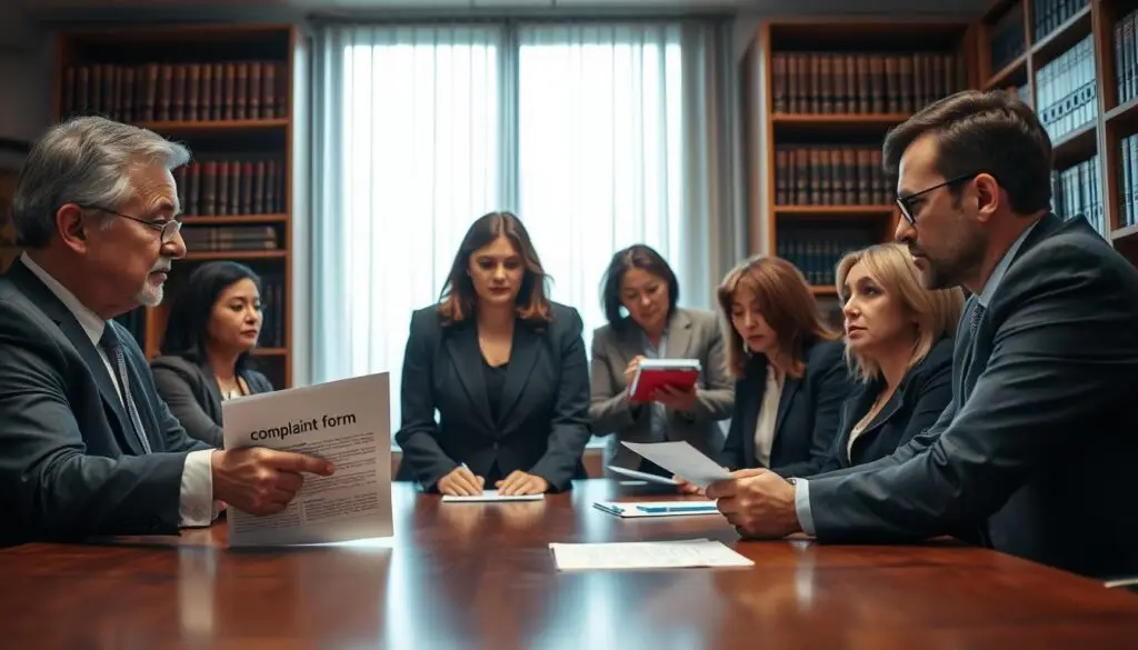 A professional office setting, featuring a diverse group of individuals engaged in a serious discussion around a large conference table. In the foreground, a middle-aged man in a business suit points to a document labeled 'complaint form', while a woman in a smart blazer takes notes intently. The middle ground showcases a large window with soft, diffused natural light pouring in, illuminating their expressions of concern and determination. In the background, a bookshelf filled with legal texts and casebooks adds depth to the scene. The atmosphere is tense but focused, emphasizing the importance of addressing grievances appropriately. The lens should create a slight depth of field, with the foreground characters sharply in focus against a softly blurred background. A professional office setting, featuring a diverse group of individuals engaged in a serious discussion around a large conference table. In the foreground, a middle-aged man in a business suit points to a document labeled 'complaint form', while a woman in a smart blazer takes notes intently. The middle ground showcases a large window with soft, diffused natural light pouring in, illuminating their expressions of concern and determination. In the background, a bookshelf filled with legal texts and casebooks adds depth to the scene. The atmosphere is tense but focused, emphasizing the importance of addressing grievances appropriately. The lens should create a slight depth of field, with the foreground characters sharply in focus against a softly blurred background.