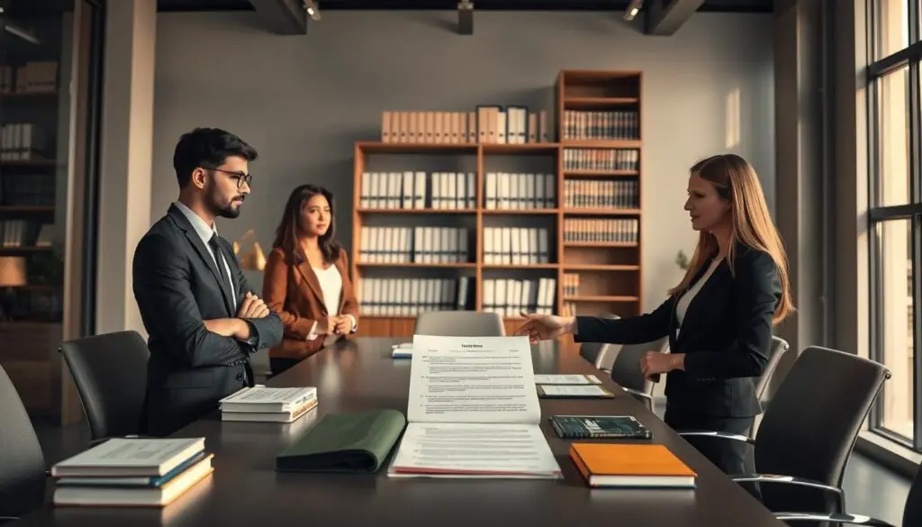 A professional, serene office environment filled with natural light filtering through large windows. In the foreground, a diverse group of three individuals in professional business attire are engaged in a thoughtful discussion, with one person pointing towards a document on the table that outlines civil liability claims. The middle ground features a sleek conference table with legal books and documents neatly arranged. In the background, a tall bookshelf filled with legal texts and certificates adds depth to the scene. The atmosphere is focused and collaborative, conveying a sense of responsibility and professionalism. Use soft, warm lighting to create an inviting yet serious mood, with a camera angle that emphasizes the interaction among the individuals. A professional, serene office environment filled with natural light filtering through large windows. In the foreground, a diverse group of three individuals in professional business attire are engaged in a thoughtful discussion, with one person pointing towards a document on the table that outlines civil liability claims. The middle ground features a sleek conference table with legal books and documents neatly arranged. In the background, a tall bookshelf filled with legal texts and certificates adds depth to the scene. The atmosphere is focused and collaborative, conveying a sense of responsibility and professionalism. Use soft, warm lighting to create an inviting yet serious mood, with a camera angle that emphasizes the interaction among the individuals.