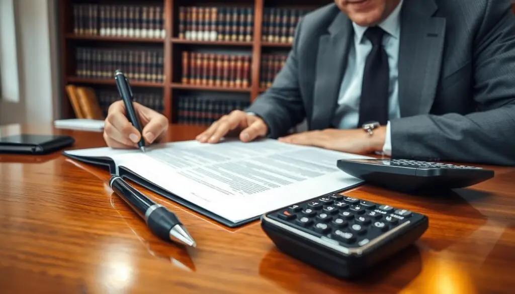 A professional setting depicting a close-up view of a legal expert, a middle-aged man in a tailored suit, reviewing a complex contract on a polished wooden table. The foreground features the contract filled with legal terms, a sleek pen poised next to it. In the middle, a notepad filled with critical notes and a calculator reflecting careful preparations for signing. The background hints at bookshelves filled with law books, softly lit by warm overhead lighting, creating a focused yet inviting atmosphere. The image captures a sense of diligence and caution, illustrating the importance of understanding legal documents before signing, set in a sophisticated office environment. The composition should be captured from a slightly elevated angle to add depth. A professional setting depicting a close-up view of a legal expert, a middle-aged man in a tailored suit, reviewing a complex contract on a polished wooden table. The foreground features the contract filled with legal terms, a sleek pen poised next to it. In the middle, a notepad filled with critical notes and a calculator reflecting careful preparations for signing. The background hints at bookshelves filled with law books, softly lit by warm overhead lighting, creating a focused yet inviting atmosphere. The image captures a sense of diligence and caution, illustrating the importance of understanding legal documents before signing, set in a sophisticated office environment. The composition should be captured from a slightly elevated angle to add depth.