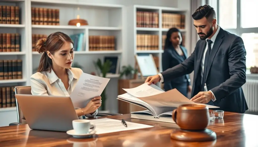 A professional setting featuring diverse individuals engaged in translating legal documents. In the foreground, a focused woman in business attire sits at a stylish desk with open files, a laptop, and a cup of coffee, highlighting her concentration. In the middle ground, a man in a crisp suit consults a large document, pointing at text, symbolizing collaboration and communication. The background displays a bright, modern office environment with shelves of legal books and a window letting in warm, natural light, creating an atmosphere of professionalism and diligence. Use a soft focus to enhance the mood, emphasizing the theme of effective communication in legal contexts. The scene should evoke a sense of empowerment and clarity. A professional setting featuring diverse individuals engaged in translating legal documents. In the foreground, a focused woman in business attire sits at a stylish desk with open files, a laptop, and a cup of coffee, highlighting her concentration. In the middle ground, a man in a crisp suit consults a large document, pointing at text, symbolizing collaboration and communication. The background displays a bright, modern office environment with shelves of legal books and a window letting in warm, natural light, creating an atmosphere of professionalism and diligence. Use a soft focus to enhance the mood, emphasizing the theme of effective communication in legal contexts. The scene should evoke a sense of empowerment and clarity.