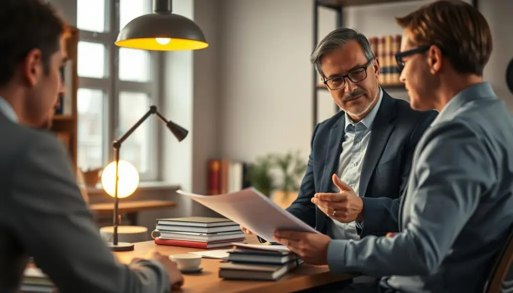 A professional setting showcasing a lawyer's office focused on German civil law. In the foreground, a lawyer in professional attire is discussing legal documents with a client, both appearing engaged and focused. The middle ground features a desk filled with legal books, a laptop, and a contemporary lamp casting warm light, creating an inviting atmosphere. In the background, shelves lined with law books and a large window allow natural light to flood in, hinting at a cityscape outside. The mood is serious yet supportive, conveying a sense of trust and professionalism, perfect for the role of an insurer in legal processes after an accident. The overall lighting is soft and warm, emphasizing a welcoming environment.