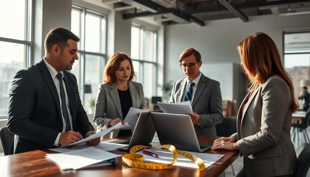 A professional setting showing a collaboration between insurance adjusters and clients. In the foreground, a diverse group of two business professionals, a man and a woman, engaged in a discussion, both dressed in smart business attire. They are reviewing documents and discussing property damage assessments. In the middle ground, a desk cluttered with papers, laptops, and a measuring tape, indicating the ongoing evaluation process. In the background, a modern office space with large windows allowing soft natural light to stream in, casting gentle shadows that enhance the serious yet constructive atmosphere. The overall mood is one of trust, professionalism, and careful evaluation, symbolizing effective communication in a critical moment. A professional setting showing a collaboration between insurance adjusters and clients. In the foreground, a diverse group of two business professionals, a man and a woman, engaged in a discussion, both dressed in smart business attire. They are reviewing documents and discussing property damage assessments. In the middle ground, a desk cluttered with papers, laptops, and a measuring tape, indicating the ongoing evaluation process. In the background, a modern office space with large windows allowing soft natural light to stream in, casting gentle shadows that enhance the serious yet constructive atmosphere. The overall mood is one of trust, professionalism, and careful evaluation, symbolizing effective communication in a critical moment.