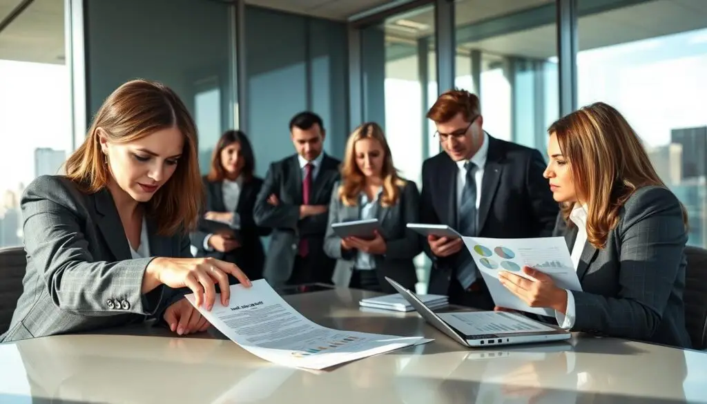 A tense business meeting in a modern conference room, where a diverse group of professionals in business attire is discussing the costs associated with claims management. In the foreground, a focused woman points at a document on the table, highlighting necessary expenses. In the middle, a diverse group of professionals, including a man taking notes and a woman analyzing charts on a laptop, attentively listen. The background features a large window with cityscape views, filled with natural light, creating a bright and professional atmosphere. Soft shadows add depth to the scene, captured with a standard lens from a slight low angle to emphasize the importance of the discussion, conveying urgency and responsibility in decision-making. A tense business meeting in a modern conference room, where a diverse group of professionals in business attire is discussing the costs associated with claims management. In the foreground, a focused woman points at a document on the table, highlighting necessary expenses. In the middle, a diverse group of professionals, including a man taking notes and a woman analyzing charts on a laptop, attentively listen. The background features a large window with cityscape views, filled with natural light, creating a bright and professional atmosphere. Soft shadows add depth to the scene, captured with a standard lens from a slight low angle to emphasize the importance of the discussion, conveying urgency and responsibility in decision-making.