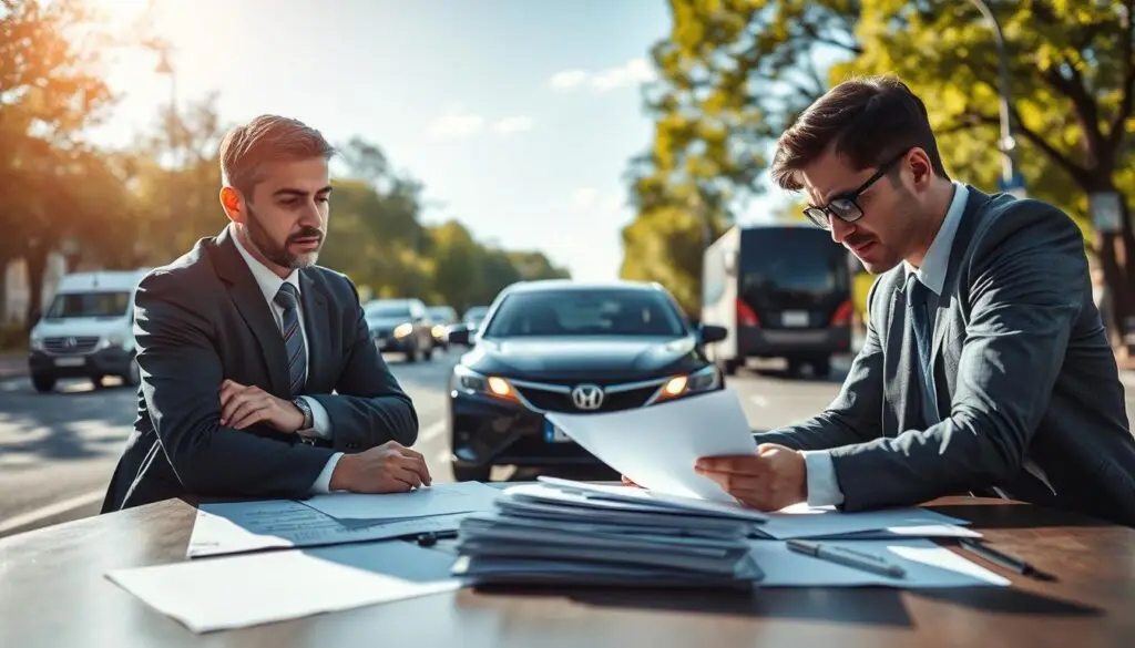A thoughtful and professional scene illustrating the concept of compensation after a traffic accident. In the foreground, depict a confident insurance agent in business attire, interacting with an upset but hopeful individual, both focused on documents spread out on a table. In the middle, show a car that has been slightly damaged, symbolizing the aftermath of a road accident, while a city street with trees and blurred traffic serves as the background. The lighting should be bright and cheerful to evoke a sense of reassurance and positivity. Shot from an eye-level angle to create an engaging atmosphere that highlights the importance of insurance claims and the benefits they provide. The overall mood should convey professionalism and support. A thoughtful and professional scene illustrating the concept of compensation after a traffic accident. In the foreground, depict a confident insurance agent in business attire, interacting with an upset but hopeful individual, both focused on documents spread out on a table. In the middle, show a car that has been slightly damaged, symbolizing the aftermath of a road accident, while a city street with trees and blurred traffic serves as the background. The lighting should be bright and cheerful to evoke a sense of reassurance and positivity. Shot from an eye-level angle to create an engaging atmosphere that highlights the importance of insurance claims and the benefits they provide. The overall mood should convey professionalism and support.