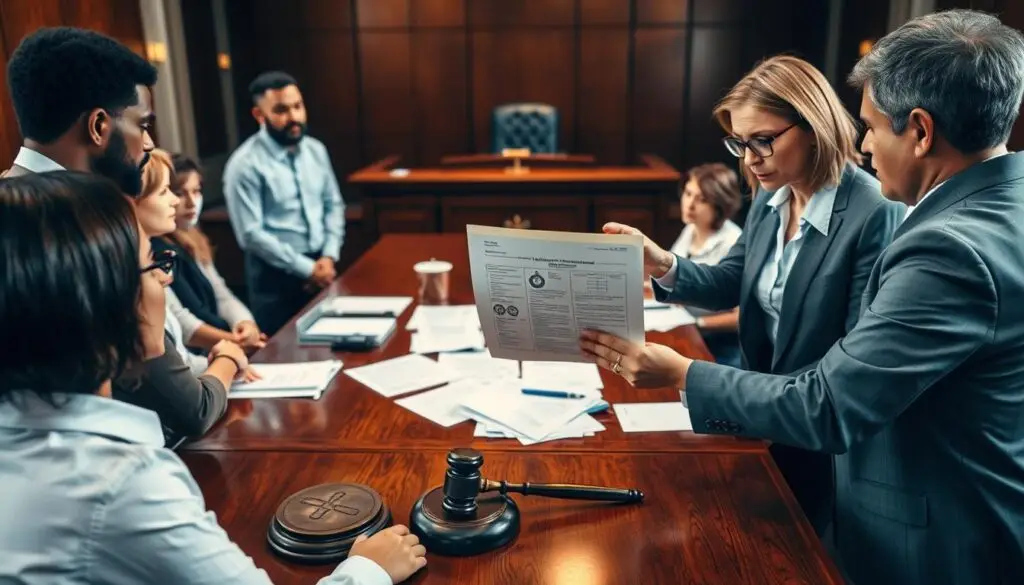 A courtroom scene depicting the concept of "liability for damages" with a focus on responsibilities following an accident. In the foreground, a diverse group of individuals in professional attire, including a lawyer and a victim, discussing a legal document. The lawyer, a middle-aged woman with glasses, gestures towards the document, emphasizing clarity and accountability. In the middle, a polished wooden table is cluttered with paperwork and evidence, illuminated by soft, warm lighting to create a sense of seriousness yet hope. The background features a judge's bench and a gavel, providing context to the legal environment. The atmosphere is tense yet focused, seeking resolution and restoration before the accident. The angle is slightly overhead, capturing the emotions and dynamics of the interaction. A courtroom scene depicting the concept of "liability for damages" with a focus on responsibilities following an accident. In the foreground, a diverse group of individuals in professional attire, including a lawyer and a victim, discussing a legal document. The lawyer, a middle-aged woman with glasses, gestures towards the document, emphasizing clarity and accountability. In the middle, a polished wooden table is cluttered with paperwork and evidence, illuminated by soft, warm lighting to create a sense of seriousness yet hope. The background features a judge's bench and a gavel, providing context to the legal environment. The atmosphere is tense yet focused, seeking resolution and restoration before the accident. The angle is slightly overhead, capturing the emotions and dynamics of the interaction.