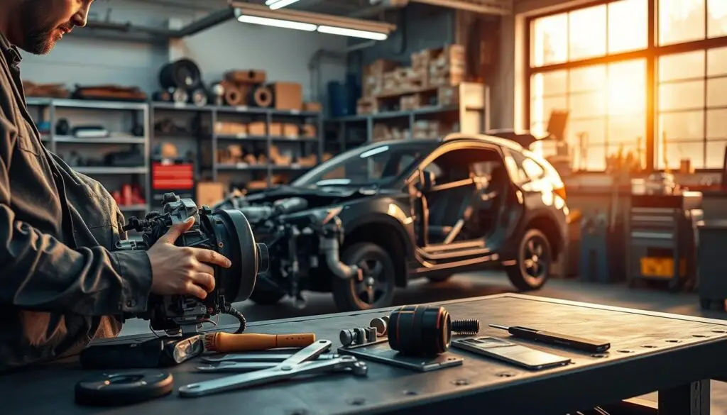 A detailed automotive workshop setting focusing on a vehicle undergoing technical repair. In the foreground, a mechanic in professional attire examines a complex engine component with tools laid out neatly beside them. In the middle, a partially dismantled car reveals intricate mechanical parts, illuminated by soft overhead lighting that casts gentle shadows, highlighting the precision of the work. In the background, shelves filled with spare parts and tools are organized, and a large window allows natural light to filter in, adding a warm ambiance. The overall atmosphere is one of focus and expertise, capturing the essence of repair cost assessment methods in vehicle technology. The scene is serene and methodical, emphasizing a professional repair environment. A detailed automotive workshop setting focusing on a vehicle undergoing technical repair. In the foreground, a mechanic in professional attire examines a complex engine component with tools laid out neatly beside them. In the middle, a partially dismantled car reveals intricate mechanical parts, illuminated by soft overhead lighting that casts gentle shadows, highlighting the precision of the work. In the background, shelves filled with spare parts and tools are organized, and a large window allows natural light to filter in, adding a warm ambiance. The overall atmosphere is one of focus and expertise, capturing the essence of repair cost assessment methods in vehicle technology. The scene is serene and methodical, emphasizing a professional repair environment.