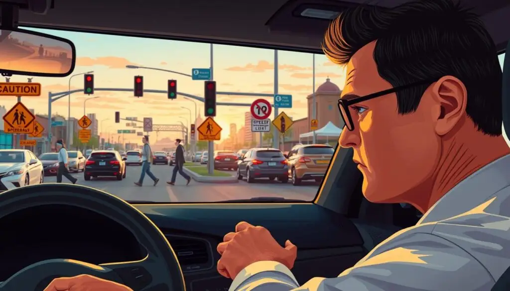 A detailed illustration depicting traffic safety rules in an exceptional driving scenario. In the foreground, a focused driver in professional attire, gripping the steering wheel with determination. The middle ground features various road signs indicating caution, speed limits, and pedestrian crossings, along with a confused pedestrian looking for a safe moment to cross. The background should showcase a busy urban environment with traffic lights, parked cars, and a sunset sky casting a warm glow. Ensure the image captures the tension of a moment where the driver must make a split-second decision. Use soft, diffused lighting to highlight the scene's urgency, reminiscent of a close-up shot with a slightly blurred background for depth. The atmosphere should convey alertness and responsibility in driving.