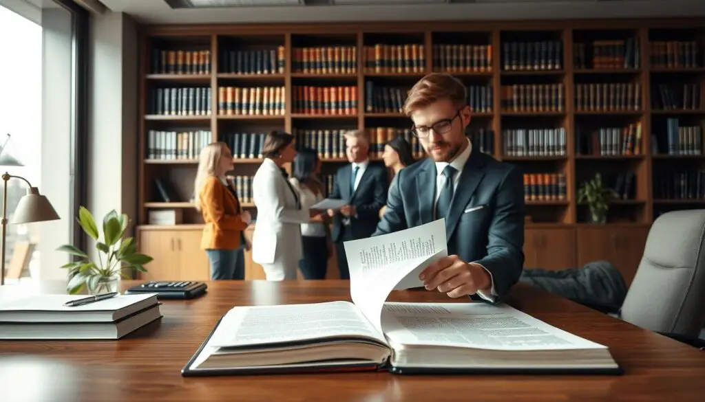 A detailed legal office scene illustrating the concept of insurance limitations under § 254 BGB. In the foreground, a professional-looking lawyer in business attire examines a set of documents on a sleek wooden desk, looking thoughtfully at a highlighted section of the law book. In the middle ground, a diverse group of clients discuss with a consultant, conveying a sense of collaboration and deliberation. The background features shelves filled with neatly arranged legal texts and a large window allowing soft, natural light to illuminate the space, creating an atmosphere of seriousness and professionalism. The color palette is muted, with neutral tones that reflect the gravity of legal discussions. The composition should have a balanced layout with an emphasis on the interactions between the individuals. A detailed legal office scene illustrating the concept of insurance limitations under § 254 BGB. In the foreground, a professional-looking lawyer in business attire examines a set of documents on a sleek wooden desk, looking thoughtfully at a highlighted section of the law book. In the middle ground, a diverse group of clients discuss with a consultant, conveying a sense of collaboration and deliberation. The background features shelves filled with neatly arranged legal texts and a large window allowing soft, natural light to illuminate the space, creating an atmosphere of seriousness and professionalism. The color palette is muted, with neutral tones that reflect the gravity of legal discussions. The composition should have a balanced layout with an emphasis on the interactions between the individuals.