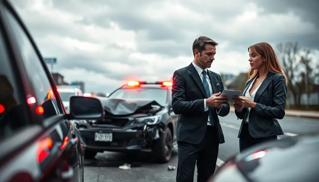 A detailed scene depicting the aftermath of a traffic accident, with an emphasis on the responsibilities of the participants. In the foreground, a professional-looking male and female motorist, dressed in smart business attire, are exchanging information respectfully, with expressions of concern and focus. The middle ground features a damaged vehicle, clearly indicating it has been in a collision, and emergency services in the distance, with flashing lights illuminating the scene. In the background, a city street with cloudy skies, enhancing the tense atmosphere. The lighting is soft yet dramatic, mimicking the natural light of an overcast day, casting a somber mood while signaling the importance of accountability. Capture the moment from a slightly low angle to emphasize the participants and their interaction in the foreground. A detailed scene depicting the aftermath of a traffic accident, with an emphasis on the responsibilities of the participants. In the foreground, a professional-looking male and female motorist, dressed in smart business attire, are exchanging information respectfully, with expressions of concern and focus. The middle ground features a damaged vehicle, clearly indicating it has been in a collision, and emergency services in the distance, with flashing lights illuminating the scene. In the background, a city street with cloudy skies, enhancing the tense atmosphere. The lighting is soft yet dramatic, mimicking the natural light of an overcast day, casting a somber mood while signaling the importance of accountability. Capture the moment from a slightly low angle to emphasize the participants and their interaction in the foreground.