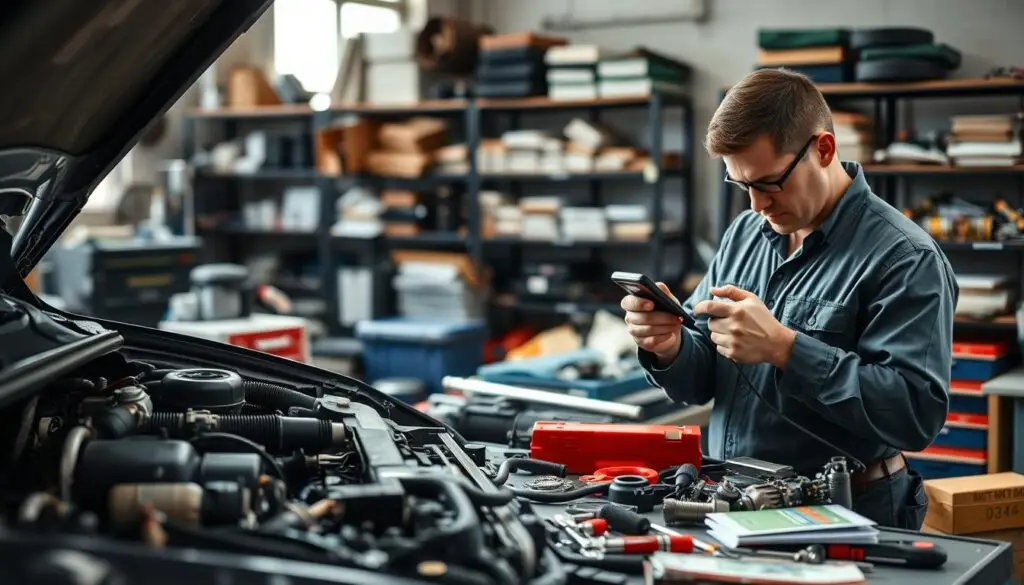A detailed workshop scene focused on "technical repair" in a vehicle context. In the foreground, a mechanic in professional work attire is examining a car engine, using diagnostic tools with focused concentration. The mechanic's posture shows expertise and attention to detail. In the middle ground, various automotive components and tools are organized on a workbench, showcasing an array of small parts and repair manuals. In the background, shelves filled with auto repair books and spare parts create a sense of depth. Soft, natural lighting filters in from windows, casting gentle shadows, while a slightly blurred view of workshop equipment adds context. The overall mood is industrious and professionally focused, illustrating the intricacies of vehicle mechanics in a repair environment. A detailed workshop scene focused on "technical repair" in a vehicle context. In the foreground, a mechanic in professional work attire is examining a car engine, using diagnostic tools with focused concentration. The mechanic's posture shows expertise and attention to detail. In the middle ground, various automotive components and tools are organized on a workbench, showcasing an array of small parts and repair manuals. In the background, shelves filled with auto repair books and spare parts create a sense of depth. Soft, natural lighting filters in from windows, casting gentle shadows, while a slightly blurred view of workshop equipment adds context. The overall mood is industrious and professionally focused, illustrating the intricacies of vehicle mechanics in a repair environment.