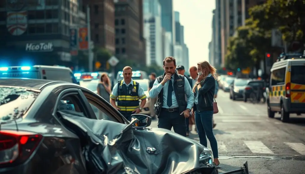 A dramatic scene depicting a car accident on a busy urban street, capturing the aftermath of the collision. In the foreground, a crumpled vehicle with shattered glass and deployed airbags shows the impact's severity. Emergency responders, in professional attire, assess the situation, speaking on radios and assisting a concerned bystander dressed in casual clothing. In the middle ground, a few onlookers gather, their expressions reflecting shock and concern. The background features a blurred cityscape, with tall buildings and traffic, hinting at the bustling life that continues despite the incident. The lighting is a mix of natural daylight and flashes from emergency vehicles, creating a tense but informative atmosphere. The perspective is slightly angled, emphasizing the chaos of the scene while maintaining a clear focus on the accident's implications. A dramatic scene depicting a car accident on a busy urban street, capturing the aftermath of the collision. In the foreground, a crumpled vehicle with shattered glass and deployed airbags shows the impact's severity. Emergency responders, in professional attire, assess the situation, speaking on radios and assisting a concerned bystander dressed in casual clothing. In the middle ground, a few onlookers gather, their expressions reflecting shock and concern. The background features a blurred cityscape, with tall buildings and traffic, hinting at the bustling life that continues despite the incident. The lighting is a mix of natural daylight and flashes from emergency vehicles, creating a tense but informative atmosphere. The perspective is slightly angled, emphasizing the chaos of the scene while maintaining a clear focus on the accident's implications.