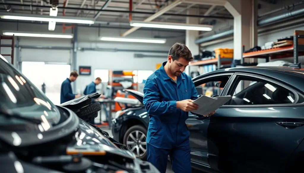 A modern auto repair shop focused on the process of repairing a vehicle after a collision. In the foreground, a skilled mechanic in a professional blue jumpsuit inspects a damaged car, examining the twisted metal and broken glass. Tools and parts are neatly organized on a nearby workbench, illuminated by bright overhead lights. In the middle ground, we see another mechanic working on a computer, assessing repair costs and creating a detailed plan. The background features a clean, organized garage with racks of tools and equipment, conveying a sense of order and professionalism. The overall atmosphere is industrious and focused, highlighting the meticulous steps involved in restoring a vehicle to its original condition, with warm lighting enhancing the sense of commitment and care in the repair process.