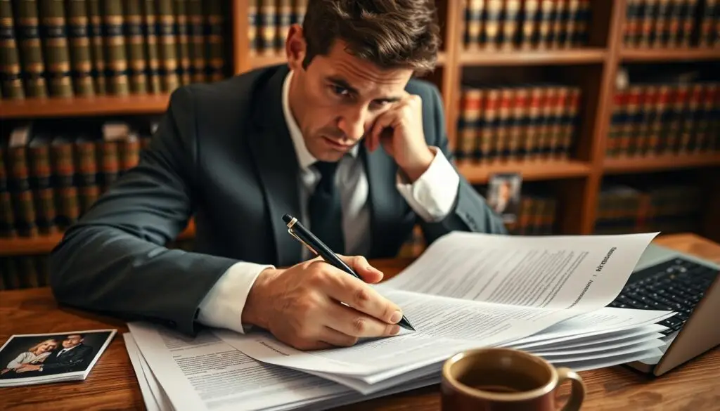 A pensive individual in business attire, sitting at a desk, their expression reflecting concern and contemplation. They are reviewing legal documents related to compensation claims, with a stack of papers and a laptop open in front of them. The foreground focuses on their hands holding a pen, with detailed texture of the papers and a coffee cup nearby. In the middle ground, a family photo is slightly visible, symbolizing what they have lost or hope to restore. The background features soft, blurred shelves filled with law books, creating a sense of seriousness and professionalism. The lighting is warm and focused on the subject, enhancing the mood of reflection and determination. The angle is slightly top-down, offering a glimpse of the workspace and the emotional weight of the situation. A pensive individual in business attire, sitting at a desk, their expression reflecting concern and contemplation. They are reviewing legal documents related to compensation claims, with a stack of papers and a laptop open in front of them. The foreground focuses on their hands holding a pen, with detailed texture of the papers and a coffee cup nearby. In the middle ground, a family photo is slightly visible, symbolizing what they have lost or hope to restore. The background features soft, blurred shelves filled with law books, creating a sense of seriousness and professionalism. The lighting is warm and focused on the subject, enhancing the mood of reflection and determination. The angle is slightly top-down, offering a glimpse of the workspace and the emotional weight of the situation.
