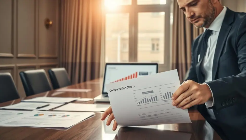 A professional business meeting scene depicting an elegant conference room. In the foreground, a serious-looking financial advisor, dressed in a sharp suit, is pointing to a document titled "Compensation Claims" on the table. In the middle, there are various claims papers and a laptop open, showing graphs related to car damage compensation timelines. The background features a large window with natural light streaming in, casting a warm glow over the scene. The overall mood is focused and professional, highlighting the importance of understanding the claim resolution timeframe. Use soft, diffused lighting to create an inviting yet serious atmosphere. Angle the shot slightly to capture both the advisor's expression and the documents presented, emphasizing the decision-making process. A professional business meeting scene depicting an elegant conference room. In the foreground, a serious-looking financial advisor, dressed in a sharp suit, is pointing to a document titled "Compensation Claims" on the table. In the middle, there are various claims papers and a laptop open, showing graphs related to car damage compensation timelines. The background features a large window with natural light streaming in, casting a warm glow over the scene. The overall mood is focused and professional, highlighting the importance of understanding the claim resolution timeframe. Use soft, diffused lighting to create an inviting yet serious atmosphere. Angle the shot slightly to capture both the advisor's expression and the documents presented, emphasizing the decision-making process.